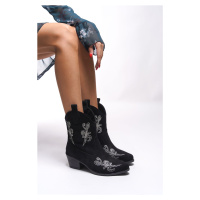 Riccon Braureas Women's Embroidered Western Boots 0012708 Black Suede