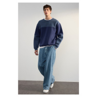 Trendyol Navy Blue Oversize/Wide Cut Color Block Fleece Inside Basic Sweatshirt