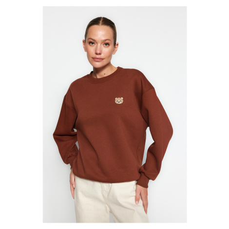 Trendyol Brown Animal Embroidered Regular/Normal Fit Fleece Inner Knitted Sweatshirt