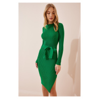 Happiness İstanbul Women's Green Crew Neck Lycra Knitwear Dress