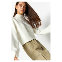 Trendyol Ecru Crop Soft Textured Stand Up Collar Knitwear Sweater