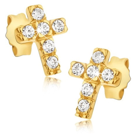 Zlaté 14K náušnice - křížky se šesti kulatými zirkony Šperky eshop