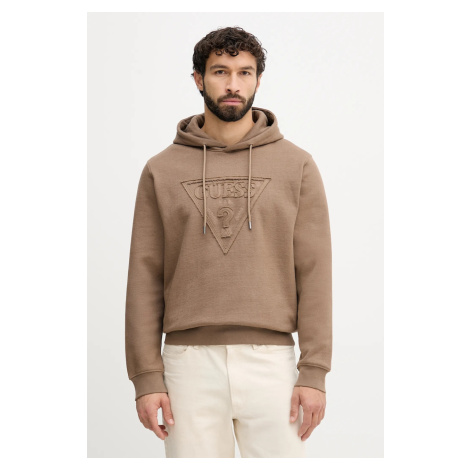 Bavlněná mikina Guess pánská, hnědá barva, s kapucí, s aplikací, M5BQ04 K0961