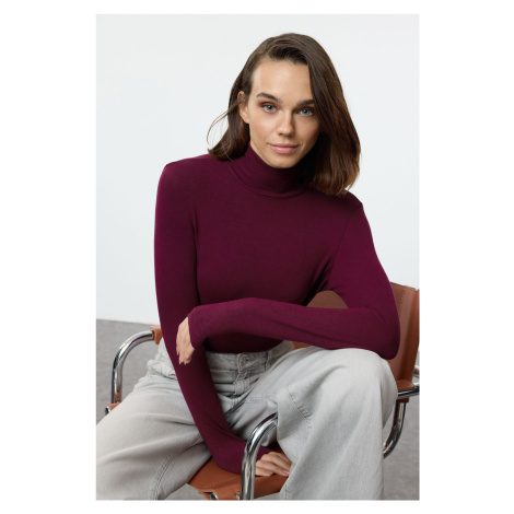 Trendyol Burgundy Premium Soft Fabric Turtleneck Fitted Stretchy Knitted Blouse