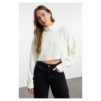 Trendyol Ecru Super Crop Zippered Knitwear Sweater