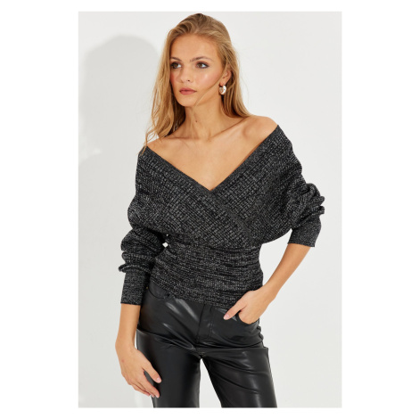 Cool & Sexy Women's Black-Silver Double Breasted Silvery Sweater