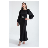 Lafaba Women's Black Belted Midi Satin Evening Dress