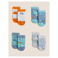 Sada čtyř párů klučičích ponožek v modré, šedé, bílé a oranžové barvě s motivem dopravních prost