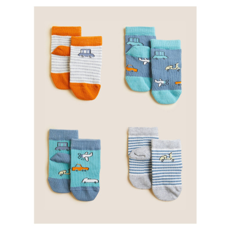 Sada čtyř párů klučičích ponožek v modré, šedé, bílé a oranžové barvě s motivem dopravních prost Marks & Spencer