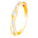 Zlatý 14K prsten, rozdělená ramena ze žlutého a bílého zlata, čiré zirkony