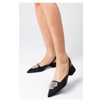 Mio Gusto Claudia Black Women's Short Heeled Shoes Open Back Satin Fabric With Crystal Stone Buc