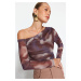 Trendyol Brown Tulle Lined Asymmetrical Collar Knitted Blouse