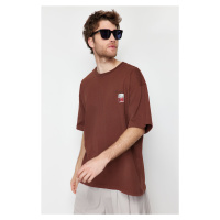 Trendyol Brown Oversize Label Text Printed 100% Cotton T-Shirt