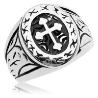 Prsten stříbrné barvy, chirurgická ocel, velký ovál s jetelovým křížem