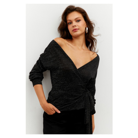 Cool & Sexy Women's Black Glittery Double Breasted Blouse