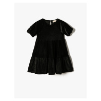 Koton Velvet Silvery Dress With Short Balloon Sleeves Tiered Round Neck