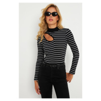 Cool & Sexy Women's Black-White Cross Neck Half Turtleneck Blouse B1404