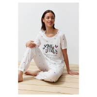 Trendyol Ecru Cotton Butterfly Patterned Knitted Pajamas Set