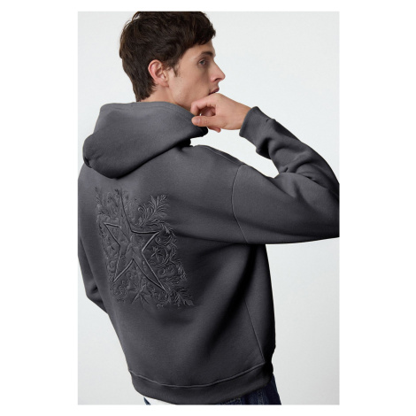 Trendyol Anthracite Oversize/Wide Cut Back Embroidered Detailed Hooded Sweatshirt