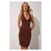 Happiness İstanbul Women's Brown Pleated Fitted Sandy Knitted Dress