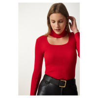 Happiness İstanbul Women's Red Cut Out Detailed Turtleneck Corded Knitted Blouse