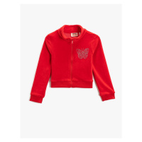 Koton Stand-Up Collar Zippered Fleece Cardigan Long Sleeved Butterfly Embroidered Detail.