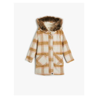 Koton Oversize Coat Hooded Faux Fur Detail Snap Snap Flap Pocket