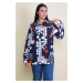 Şans Women's Plus Size Navy Blue Shirt with Buttons and Pattern