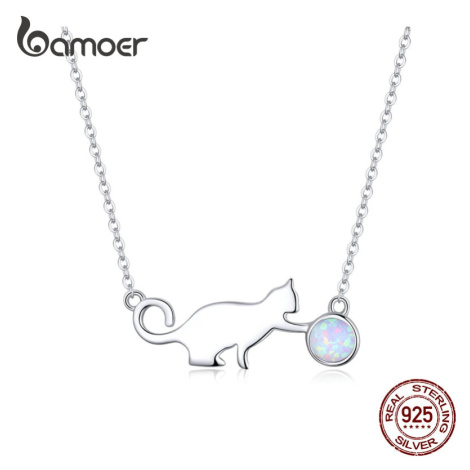 Stříbrný náhrdelník kočka a klubíček Opal LOAMOER