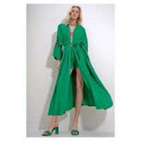 Trend Alaçatı Stili Women's Green Back and Sleeves with Glitter Embroidery and Belted Waist Maxi