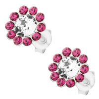 Stříbrné náušnice 925, blýskavý květ z čirých a růžových krystalů Preciosa