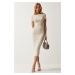 Happiness İstanbul Women's Cream Crew Neck Wraparound Ribbed Knitted Dress