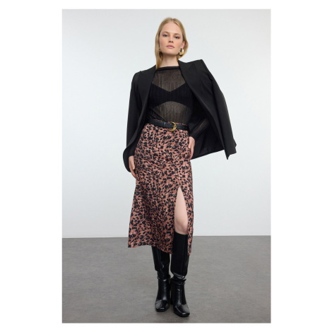 Trendyol Brown Slit Viscose Fabric Animal Pattern Midi Woven Skirt