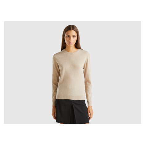 Benetton, Beige Crew Neck Sweater In Pure Merino Wool United Colors of Benetton