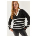 armonika Dámské černé V-Neck Striped Short Front Long Back Sweater