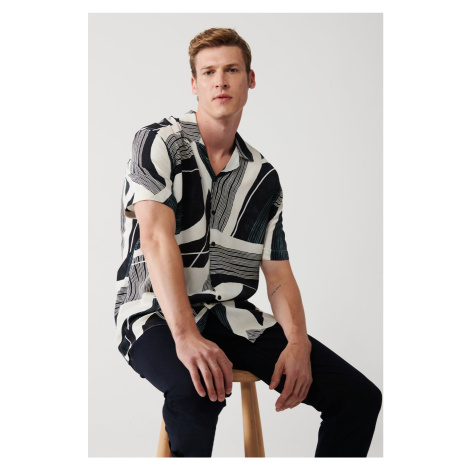 Avva Men's Beige Viscose Cuban Collar Abstract Patterned Short Sleeve Regular Fit Shirt