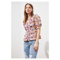 Trendyol Multicolored Woven Balloon Sleeve V-Neck Floral Shirt