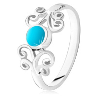 Stříbrný prsten 925, kroužek tyrkysové barvy, lesklé ornamenty, úzká ramena