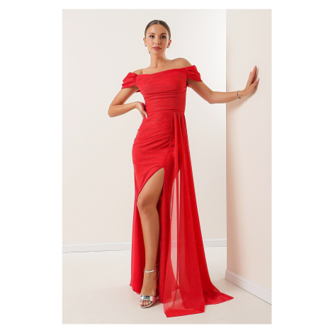 By Saygı červené dlouhé šaty s dlouhými rukávy, podšívkou a třpytkami