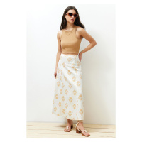 Trendyol Ecru Floral Pattern A-Line Midi Length Woven Linen Blended Skirt