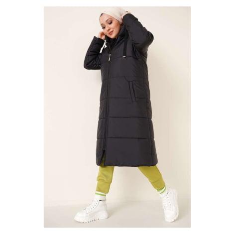 Bigdart T5120 Hooded Long Puffer Hijab Coat - Black