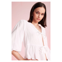 DEFACTO V Neck Modal Front Tie Long Sleeve White Blouse