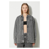 Džínová košile Rotate Rhinestone Denim Shirt dámská, šedá barva, relaxed, s klasickým límcem, 11