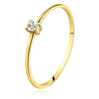 Prsten ze žlutého 14K zlata - čirá zirkonová slza, hladká jemná ramena
