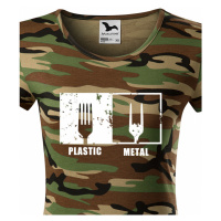 Dámske tričko s potiskem Plastic vs Metal - parodie na metalová trička