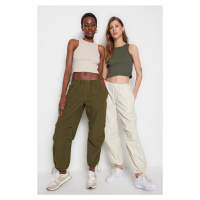 Trendyol Khaki-Beige 2-Pack Fitted Crop Halterneck Manšestr, Flexibilní Pletený Jednoduchý Nátěl