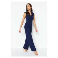 Trendyol Navy Blue Jacket Collared Button Detailed Woven Jumpsuit