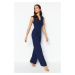 Trendyol Navy Blue Jacket Collared Button Detailed Woven Jumpsuit