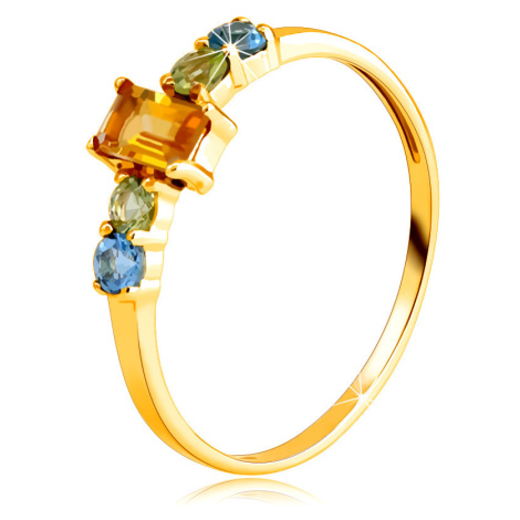 Prsten ze žlutého 14K zlata - hranatý citrín, okrouhlý olivín a švýcarský topas Šperky eshop