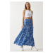 Happiness İstanbul Women's Blue Floral Patterned Flounce Viscose Skirt